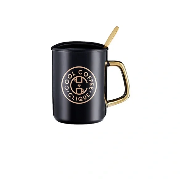Black & gold luxe cool coffee clique mug with gold stirring spoon & lid - Picture 5 of 5